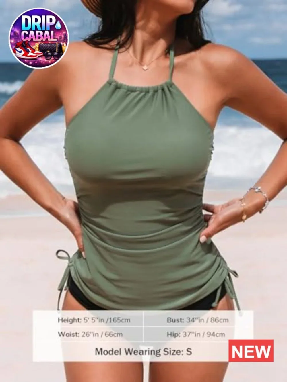 High Neck Halter Tankini Set with Adjustable Drawstrings, Mid Rise Bottoms